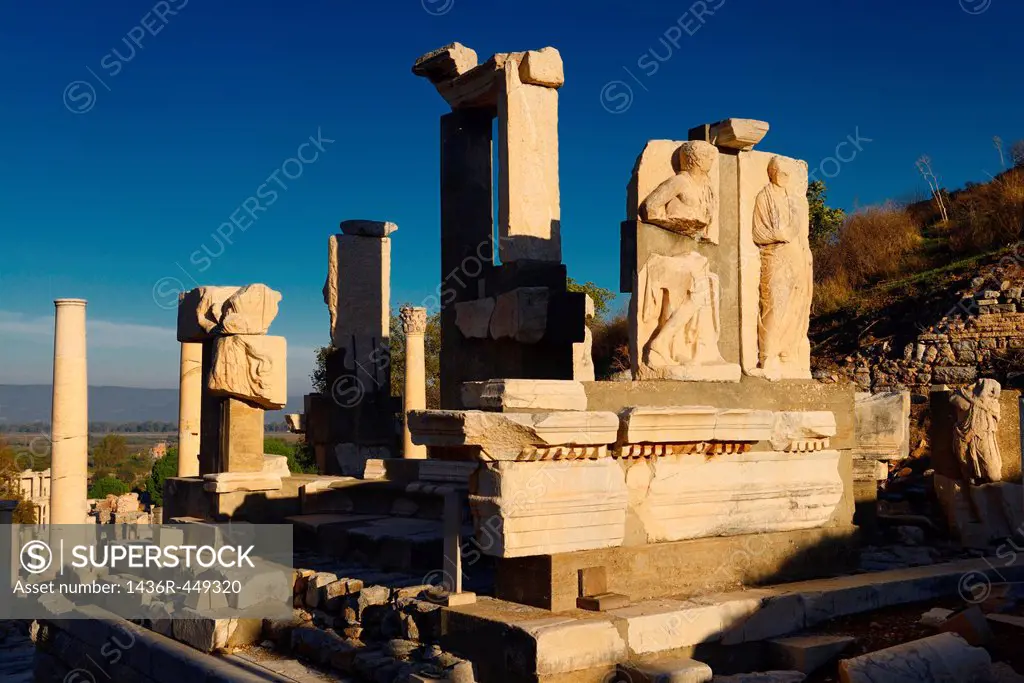 Stone reliefs at Memmius Monument at top of Curetes street beside the State Agora in ruins of ancient Ephesus Turkey