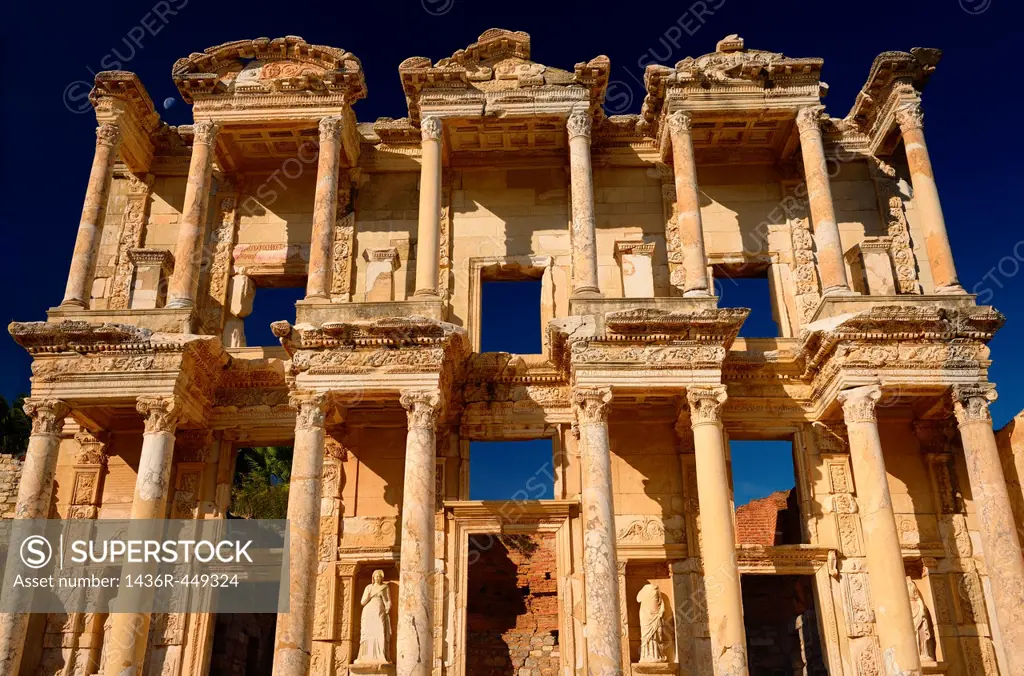 Morning sun on the two story ruins of the facade of the Roman Library of Celsus in ancient Ephesus Turkey