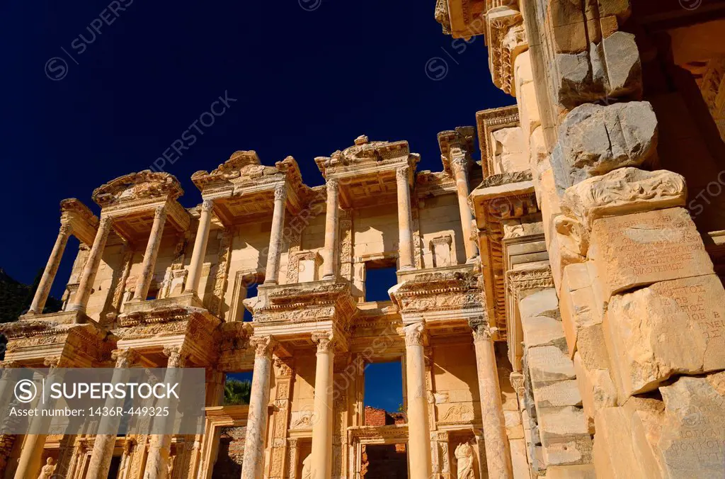 Ruins of the facade of the Library of Celsus from the Agora archway at ancient city of Ephesus Turkey