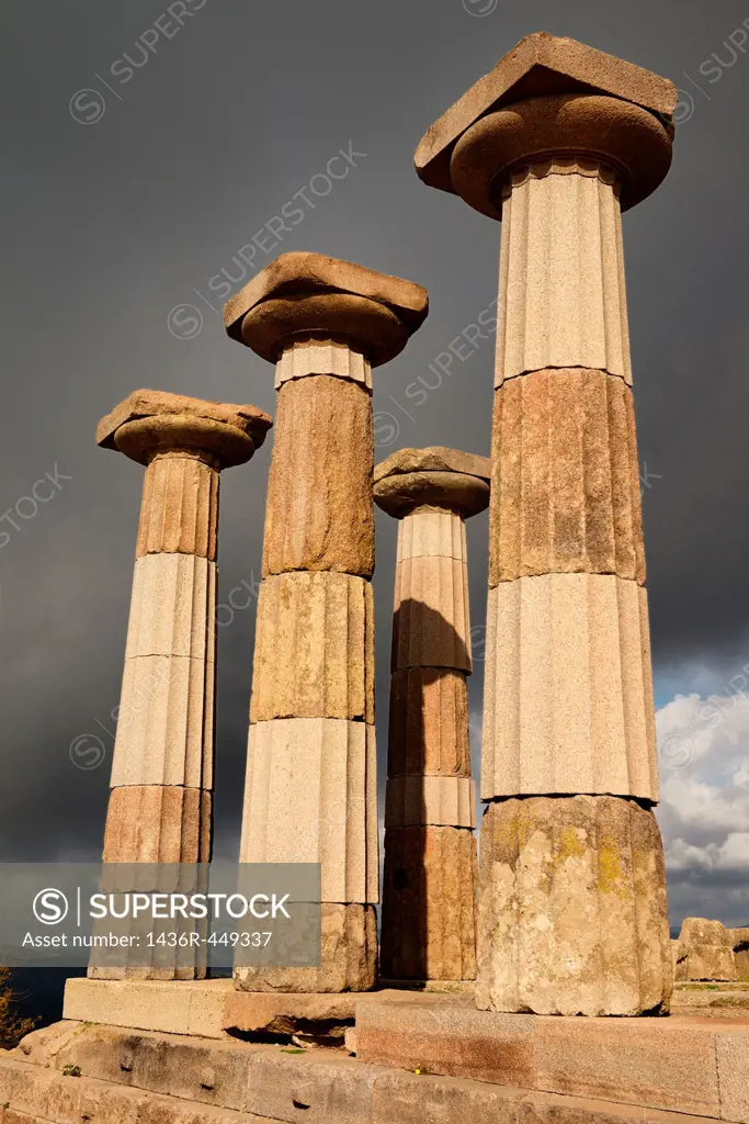 Four Doric columns at the acropolis ruins of the temple of Athena at Assos Behramkale Turkey
