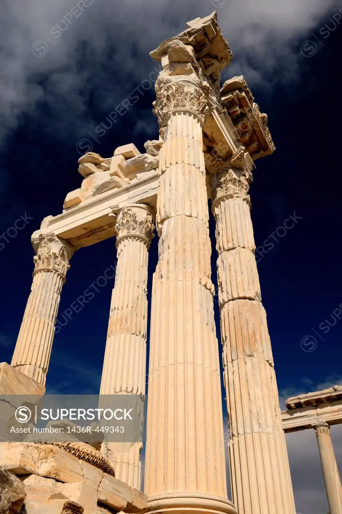 View up to the massive corinthian colums at ancient Pergamon at Bergama Turkey