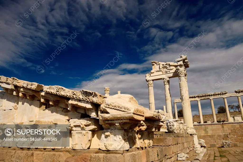 Carved marble pediment among ruins of Temple of Trajan at Pergamon Bergama Turkey