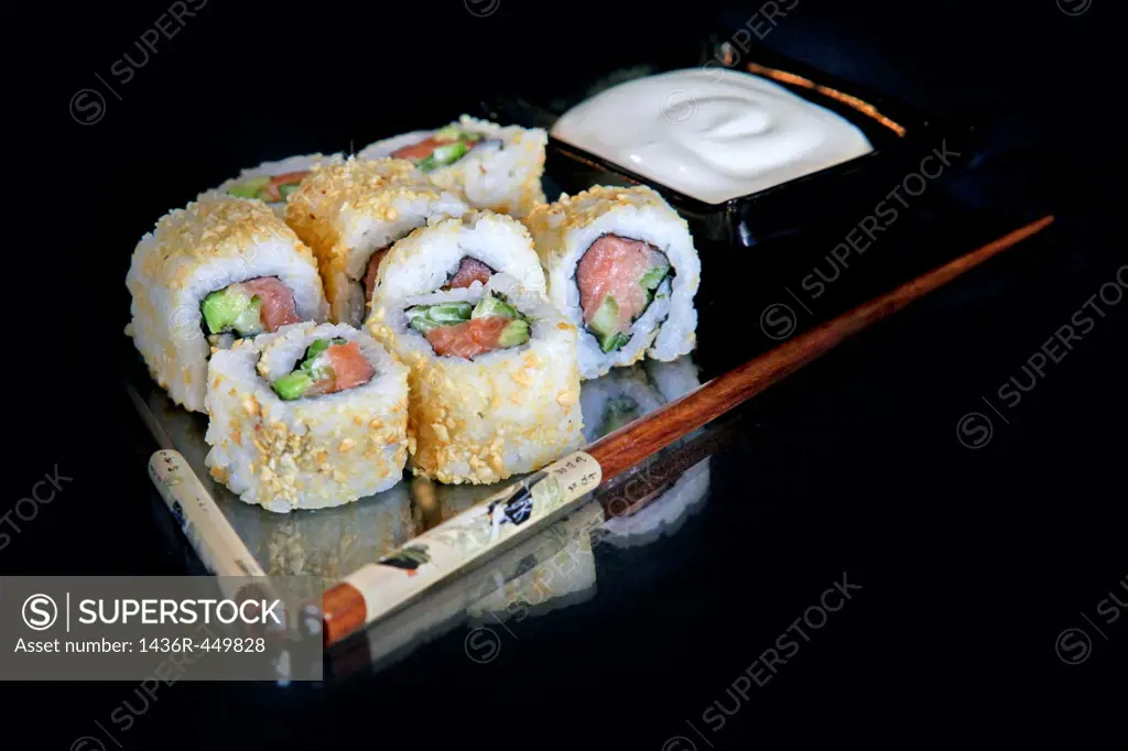An assortment of insideout Sushi to be served.