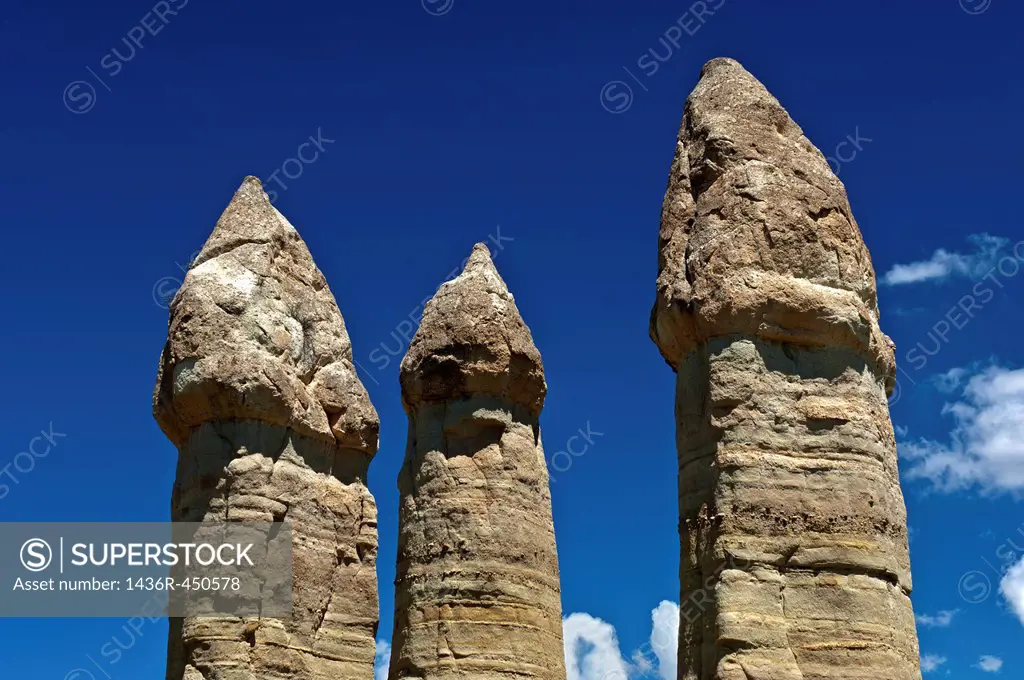 Phallic tuff rock cones in the Love Valley Ask Vadisi near Uchisar, UNESCO World Heritage site Göreme National Park and the Rock Sites of Cappadocia, ...