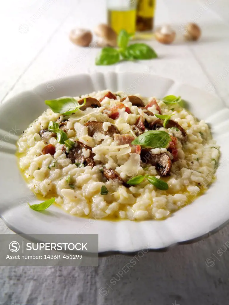 Classic risotto with wild porcini mushrooms and bacon.