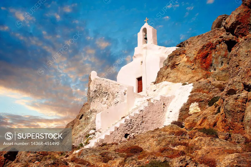 Hill top Orthodox cave church above Naxos Thira, Naxos Island, Greek Cyclades Islands.