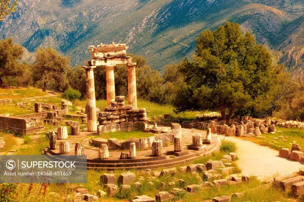 The Tholos at the sanctuary of Athena Pronaia, a circular building with Doric columns that was constructed between 380 and 360 BC. Delphi, archaeologi...