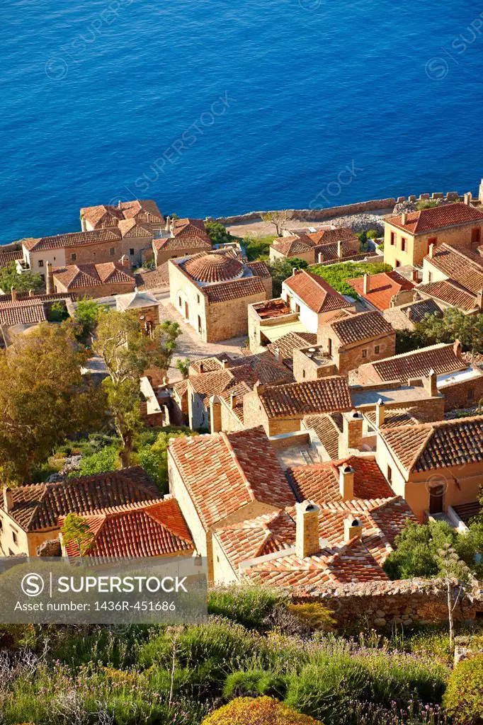Arial view of Monemvasia Byzantine Island catsle town with acropolis on the plateau. Peloponnese, Greece.