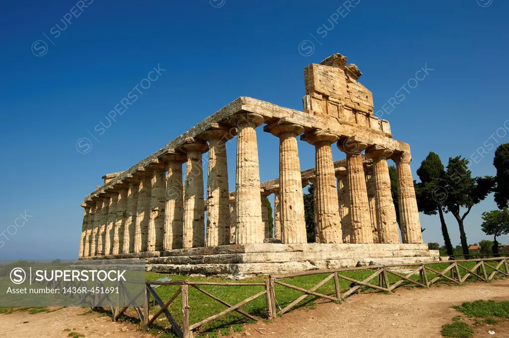 The ancient Doric Greek temple of Athena of Pastum built in about 500 BC. Paestum archaeological site, Italy.