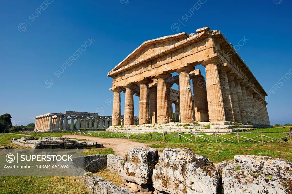 The ancient Doric Greek Temple of Hera of Paestum built in about 460-450 BC. Paestum archaeological site, Italy.