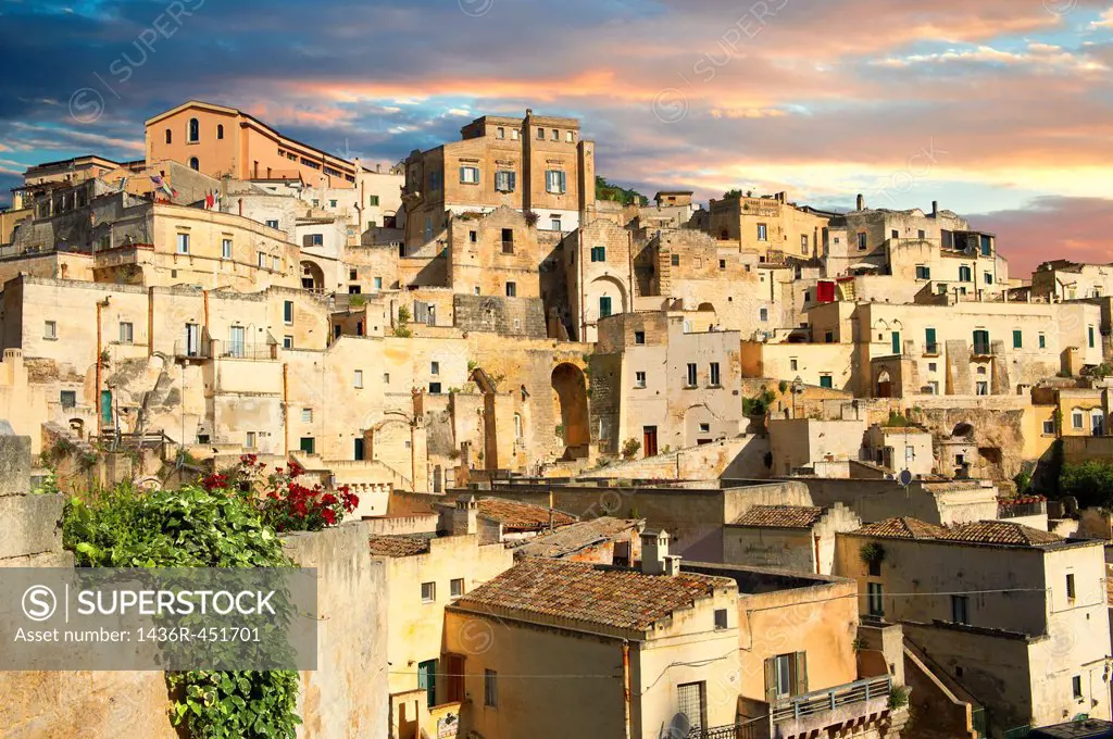 The ancient troglodyte cave dwellings, known as Sassi , in Matera, Southern Italy. A UNESCO World Heritage Site.