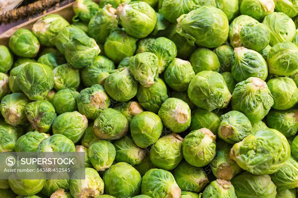 Close up of organic Brussels sprouts at a local farmers market, California, USA.