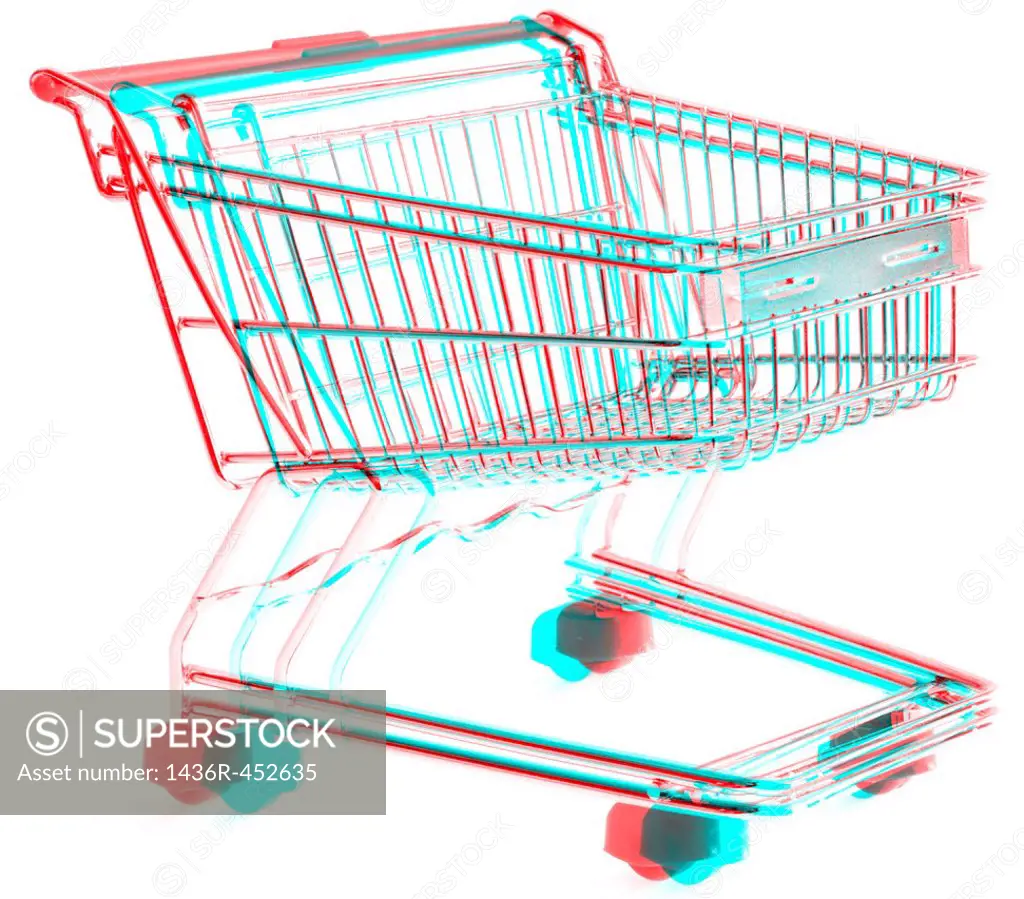 3D Anaglyph of shopping trolley isolated on white background, for viewing stereo glasses are needed.