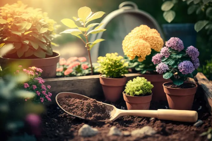 Garden flowers, plants and tools on a sunny background. Gardening concept generative ai,.