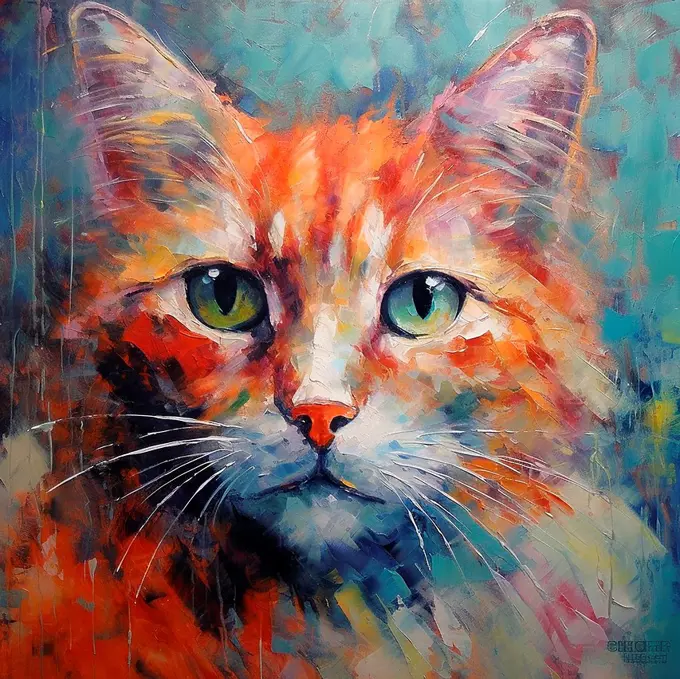 Colorful acrylics painting of a cat with vibrant orange and green eyes on blue background.