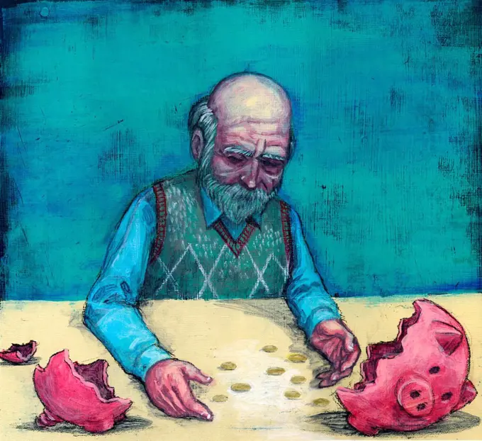 Conceptual illustration of elderly man with broken piggy bank