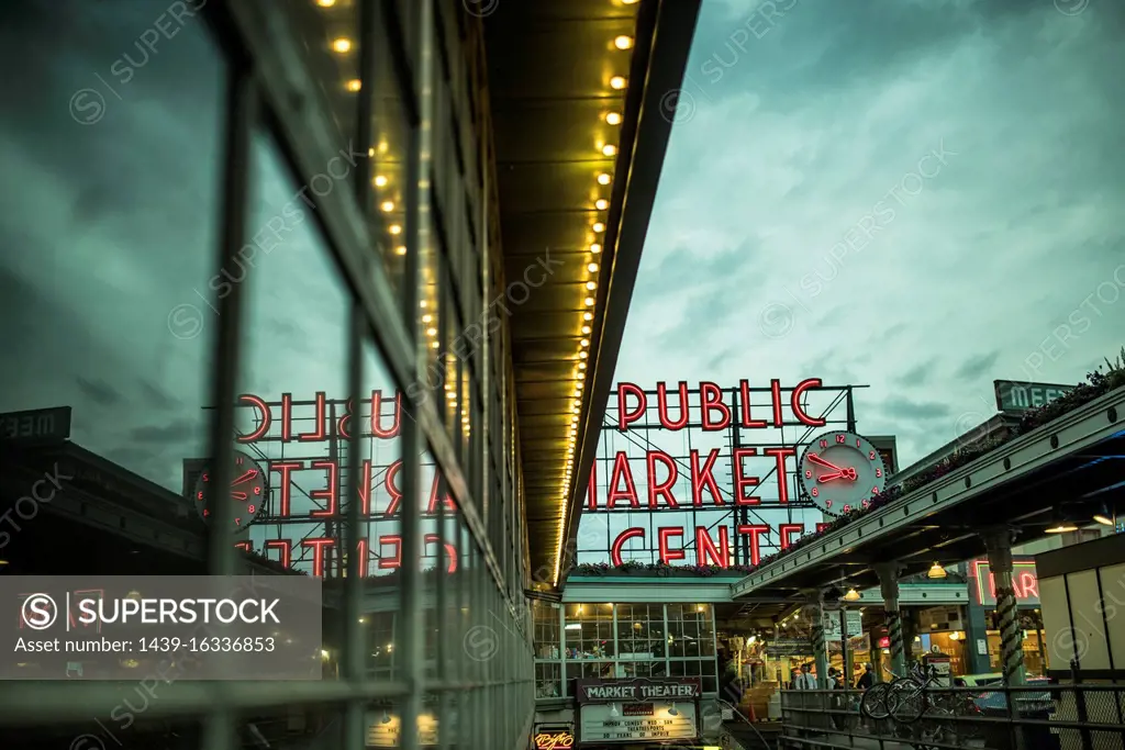 Pike Place Market at dusk, Seattle, Washington, USA