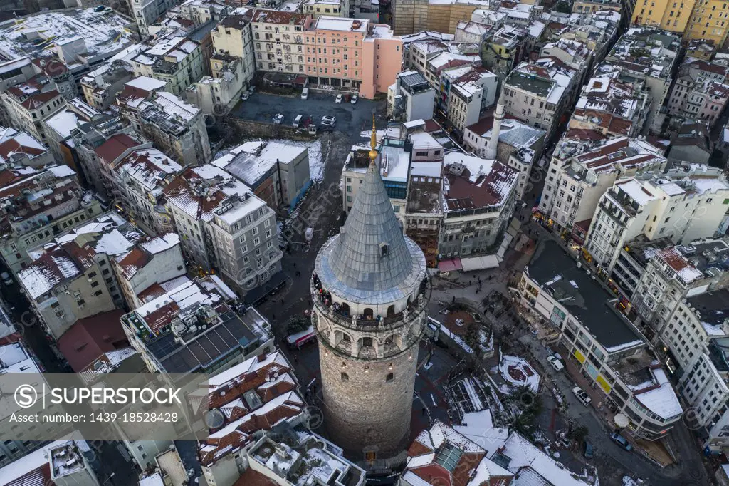 Turkey, Istanbul, Aerial view of Galata Tower in Winter