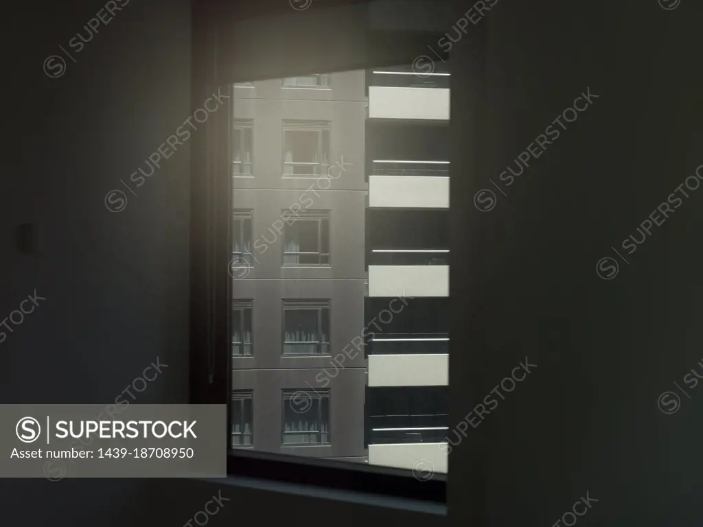 Exterior of residential building seen through window