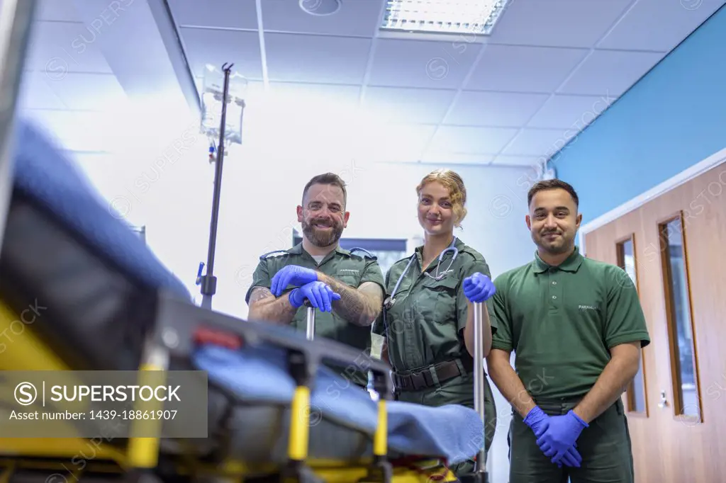 Portrait of emergency paramedics in accident and emergency hospital