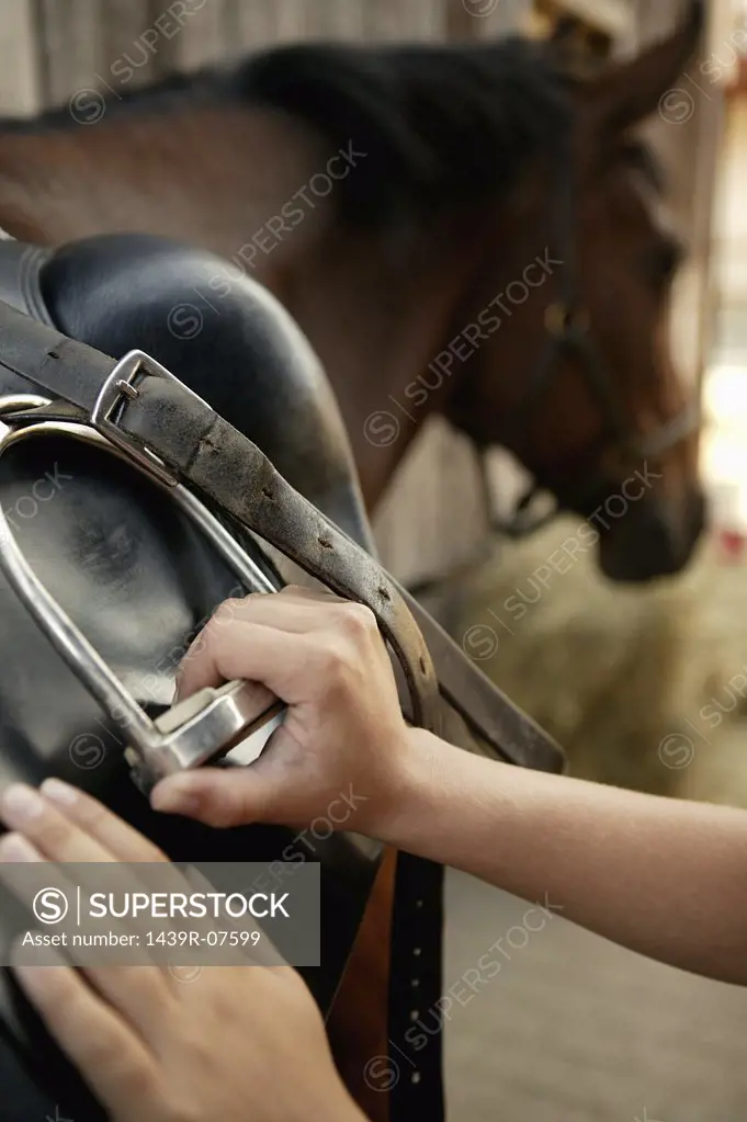 Person putting a saddle on a horse