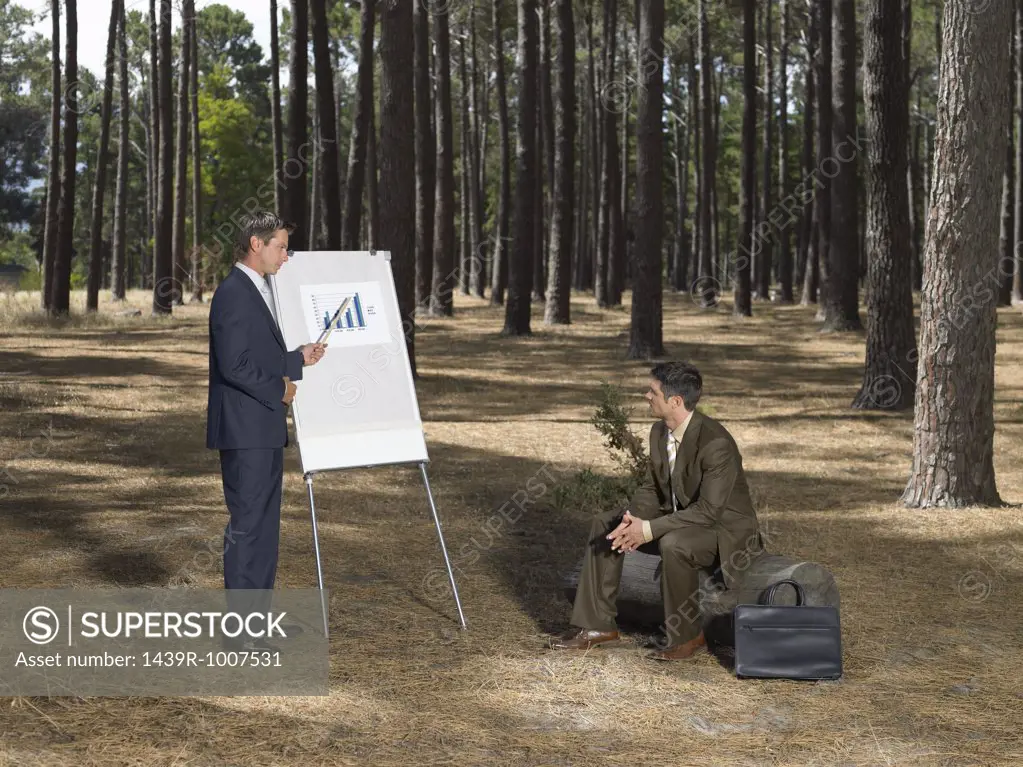 Businessmen holding meeting in forest