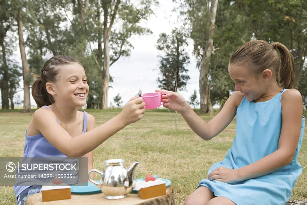 Girls having a tea party in field