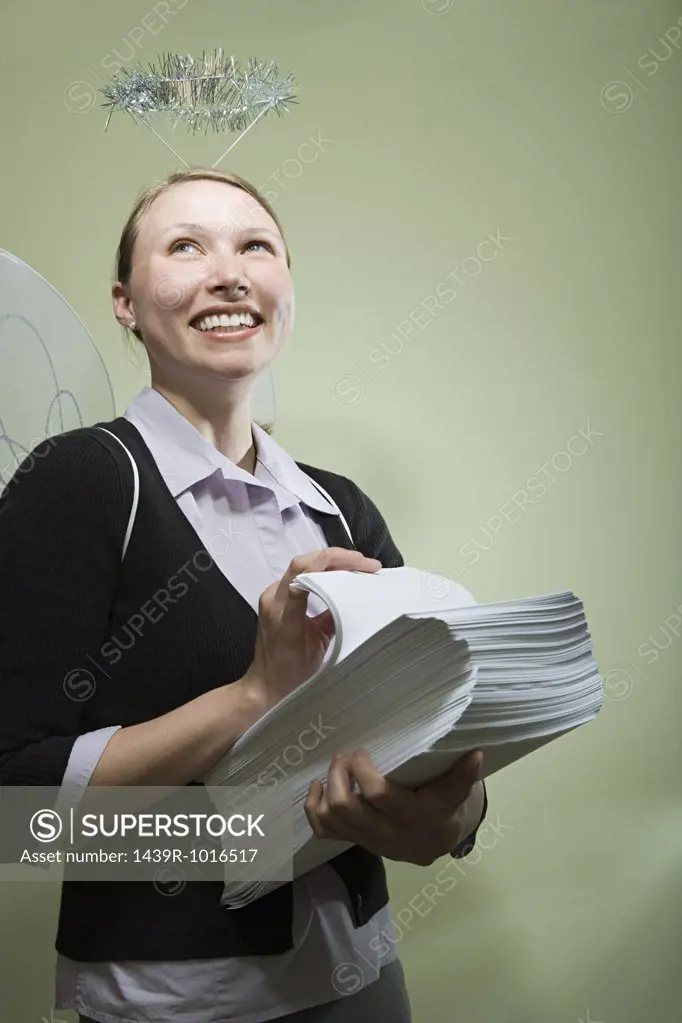Office angel holding paperwork