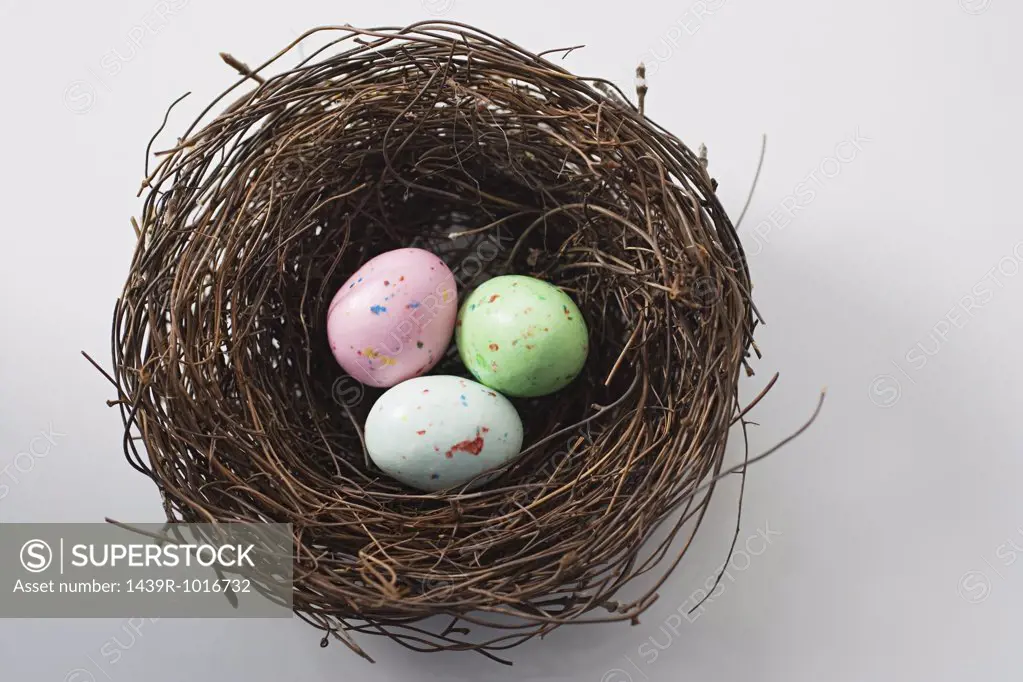Colourful eggs in a nest