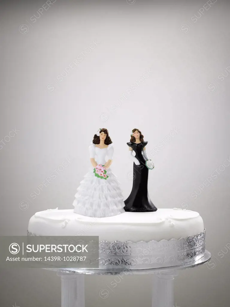 Bride and bridesmaid figurine on a wedding cake