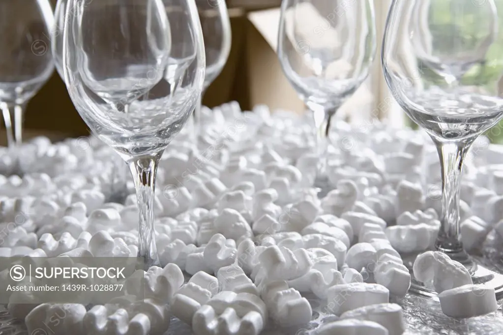 Wine glasses in packing peanuts