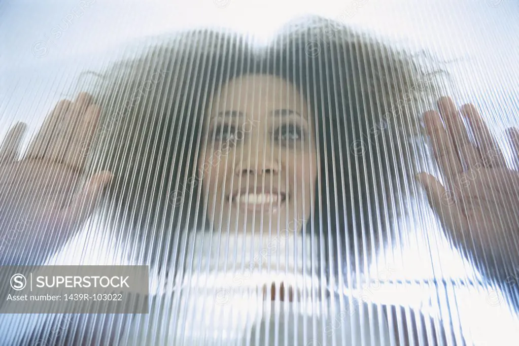 Portrait of businesswoman behind a glass screen