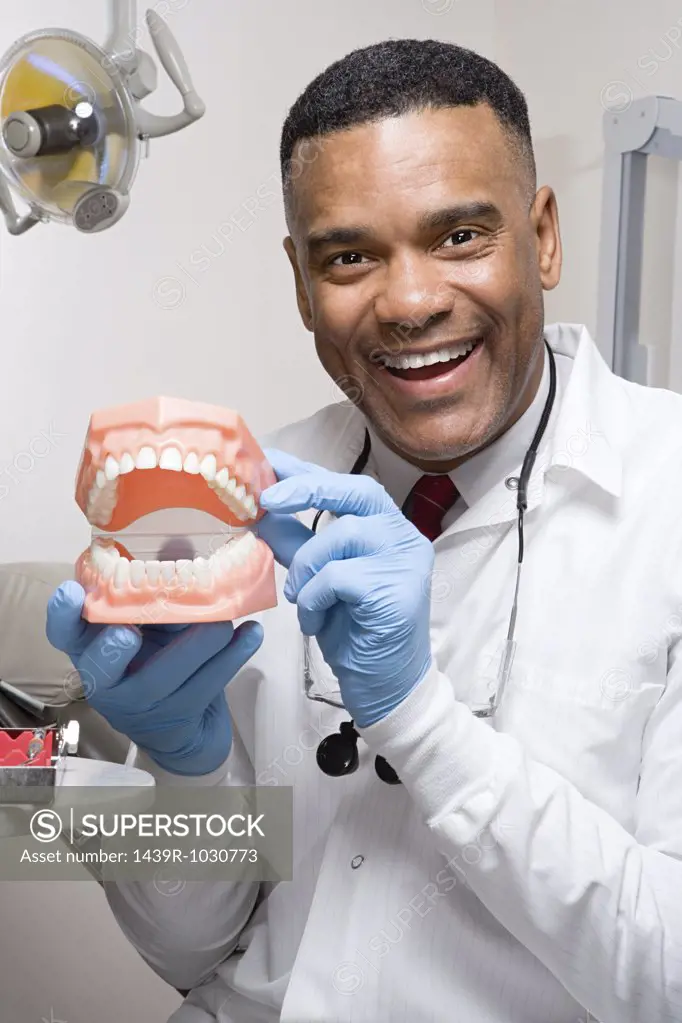 Dentist holding false teeth