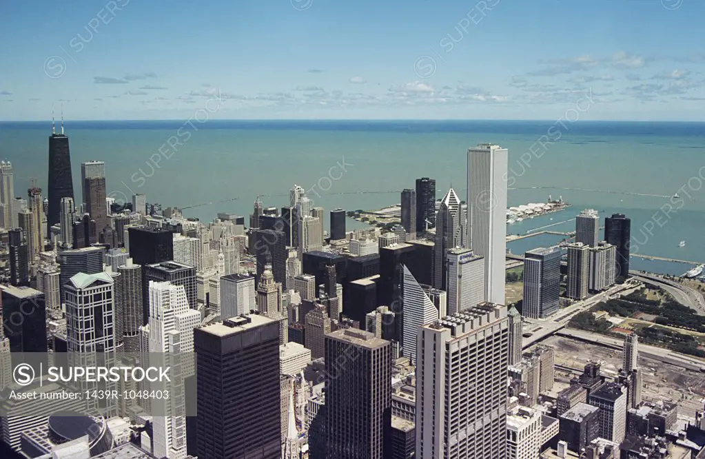 Chicago skyscrapers and lake michigan