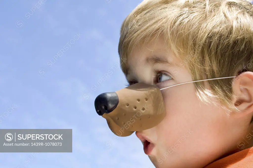A boy wearing an animal nose
