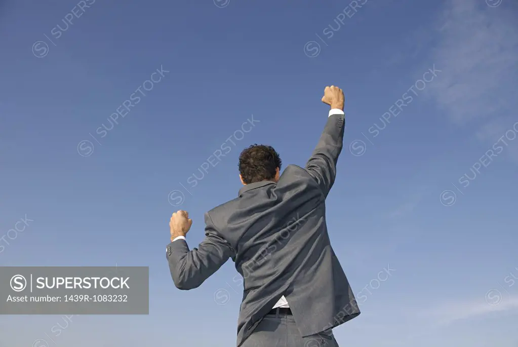 Rear view of a businessman with his arms raised
