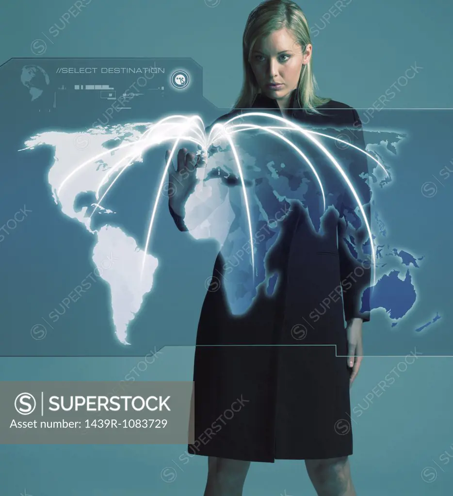 Woman with world on screen