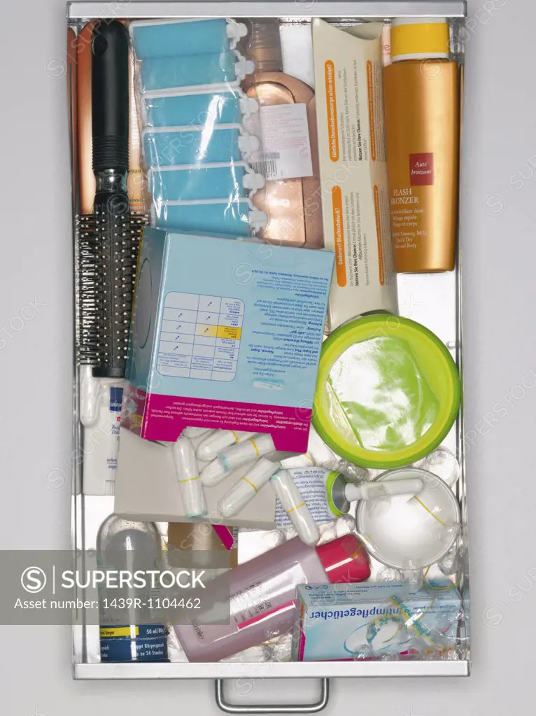 Elevated view of cosmetics in a drawer