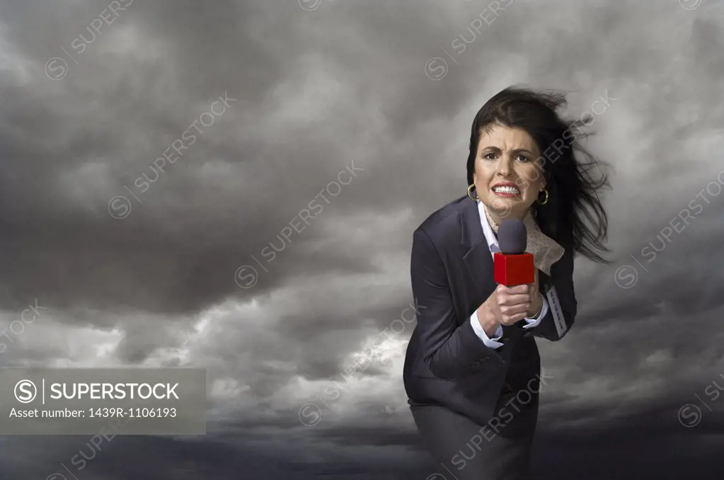 News presenter in storm