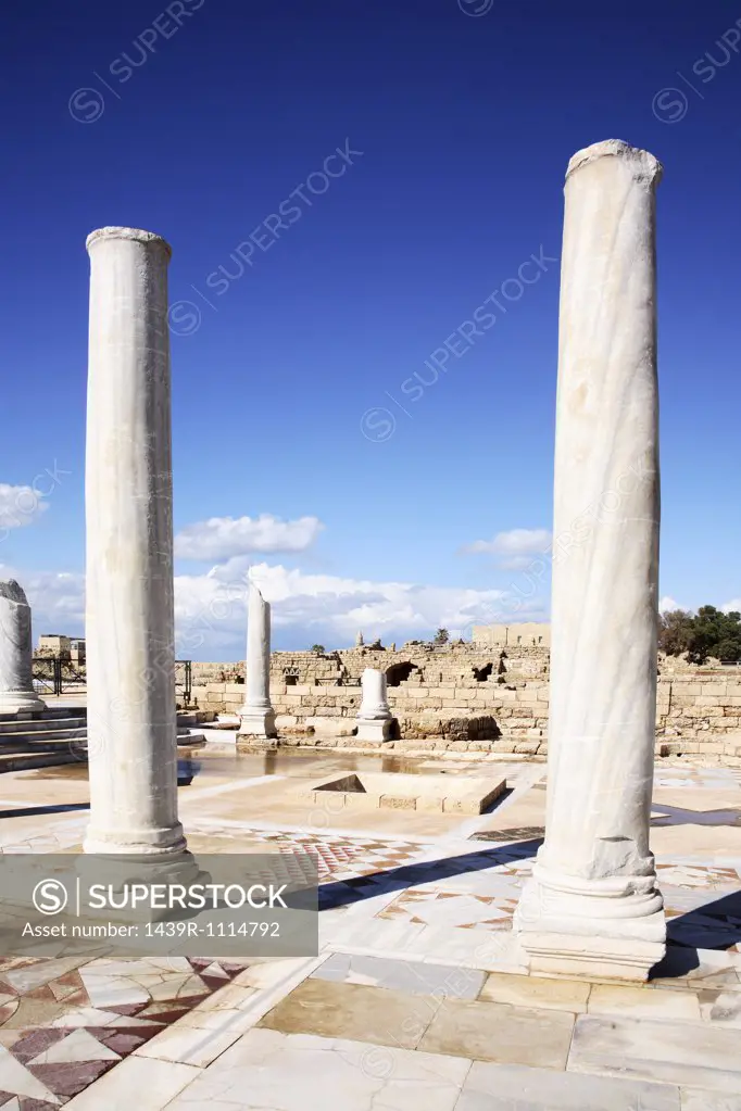 Roman columns and mosaics at caesarea israel