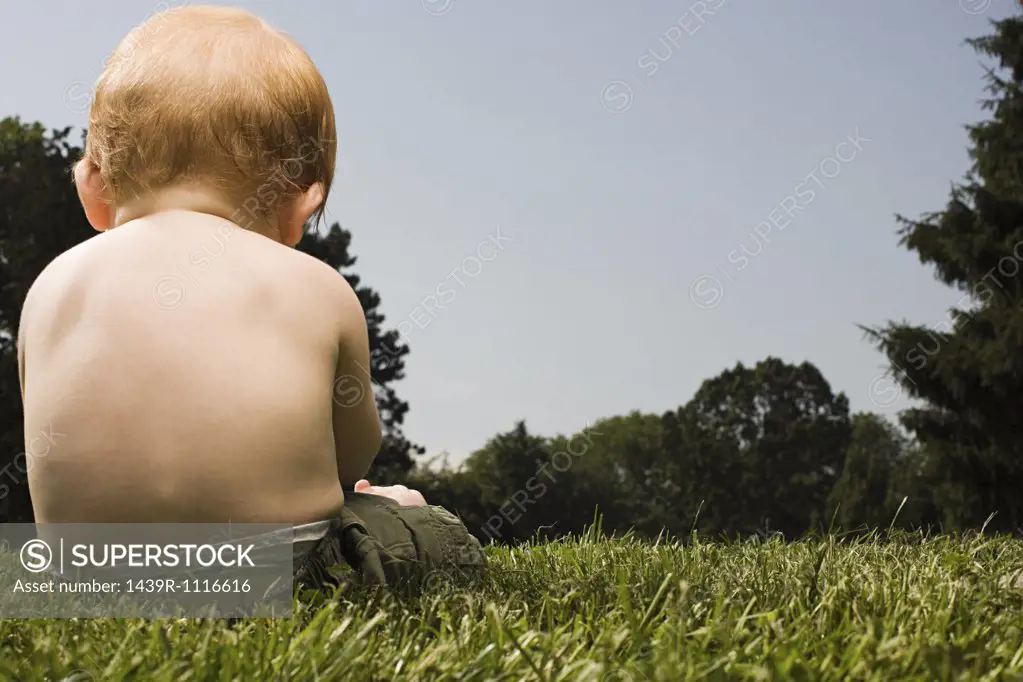 Rear view of baby sitting in a park
