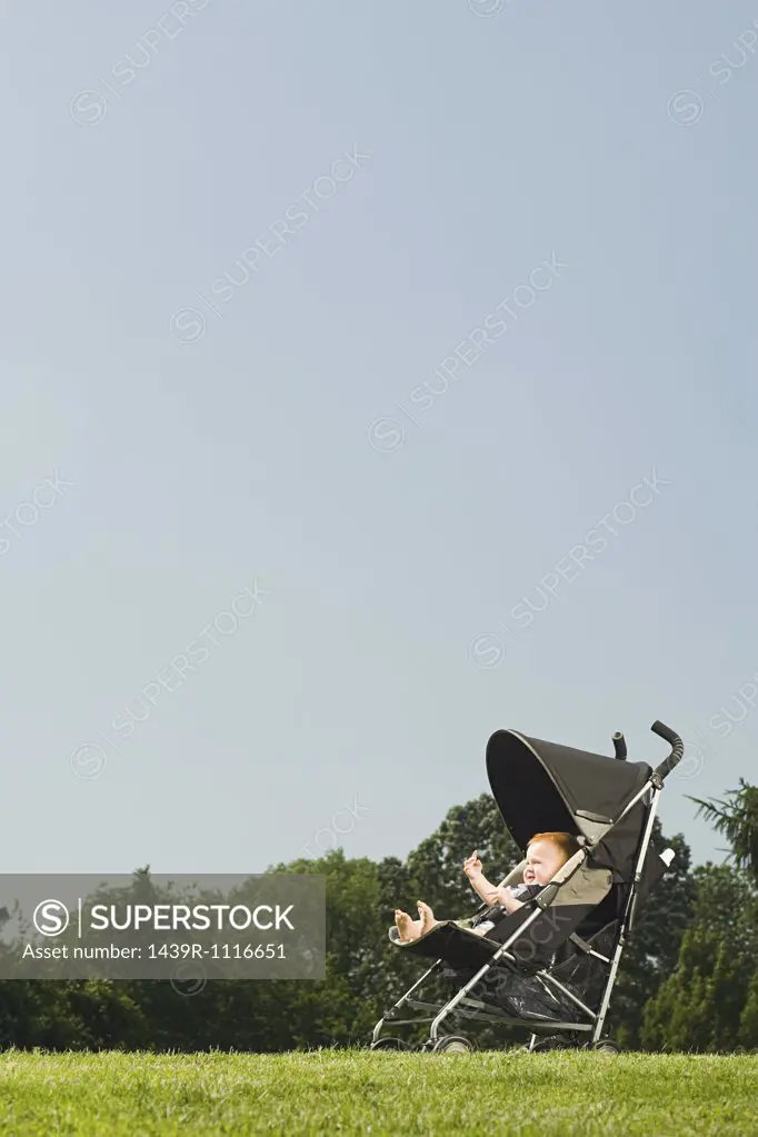 Baby in push chair in park