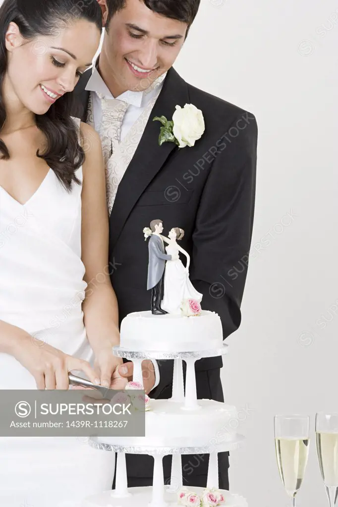 Bride and groom cutting a wedding cake