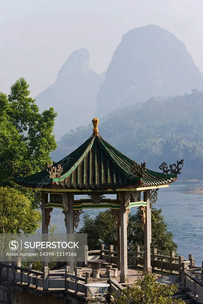 Temple and li river in yangshuo