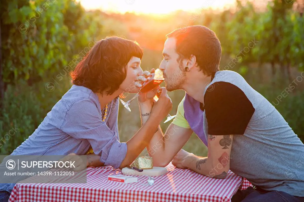 Couple drinking wine in a field