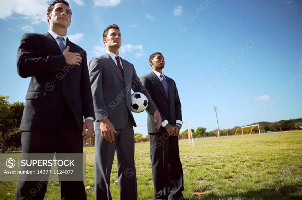 Businessmen standing in row in field
