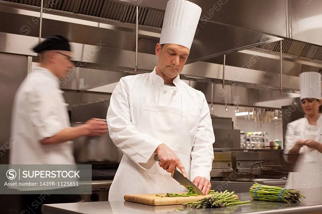 Chefs preparing food in commercial kitchen
