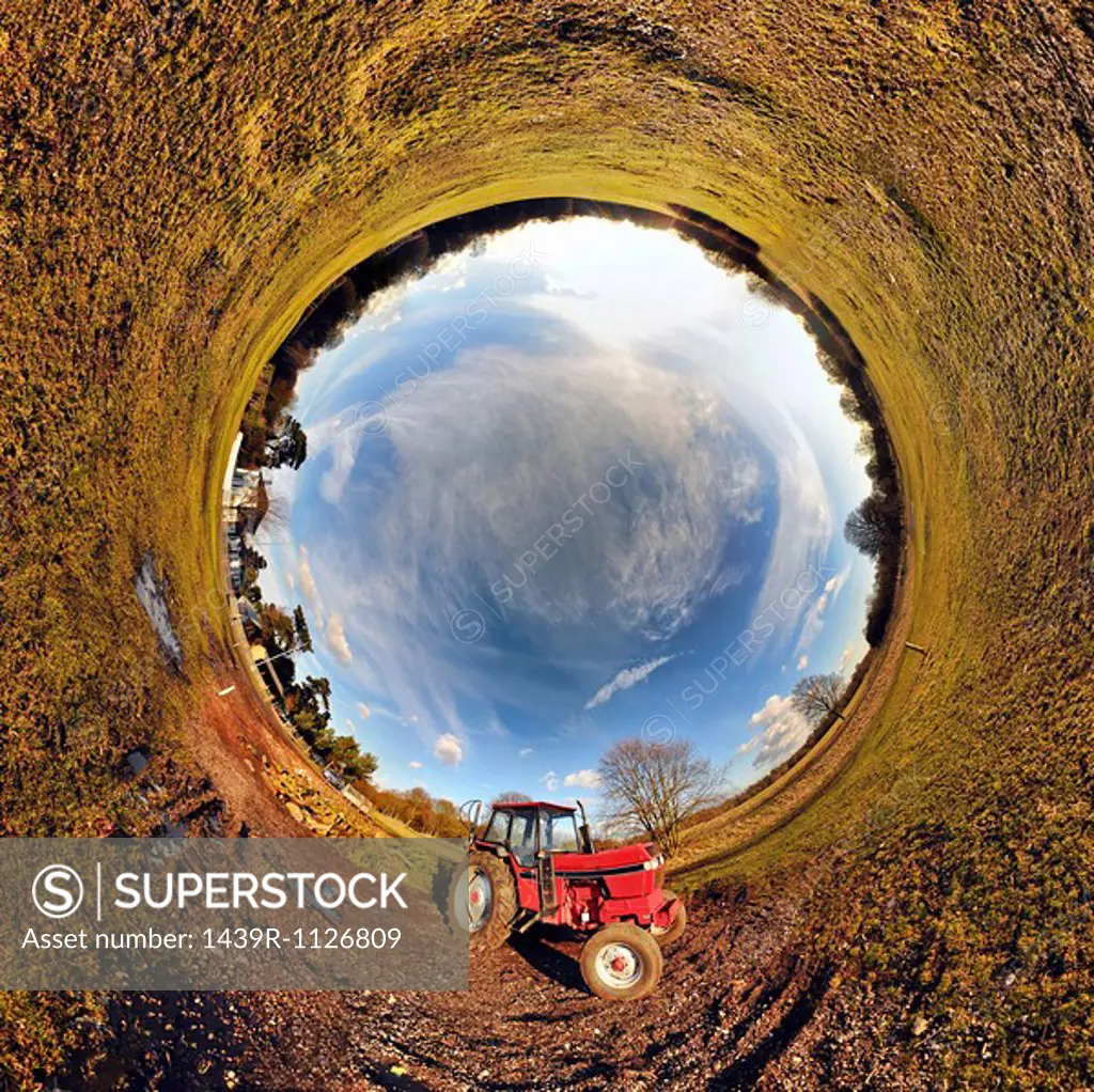 Tractor in field with tunnel effect