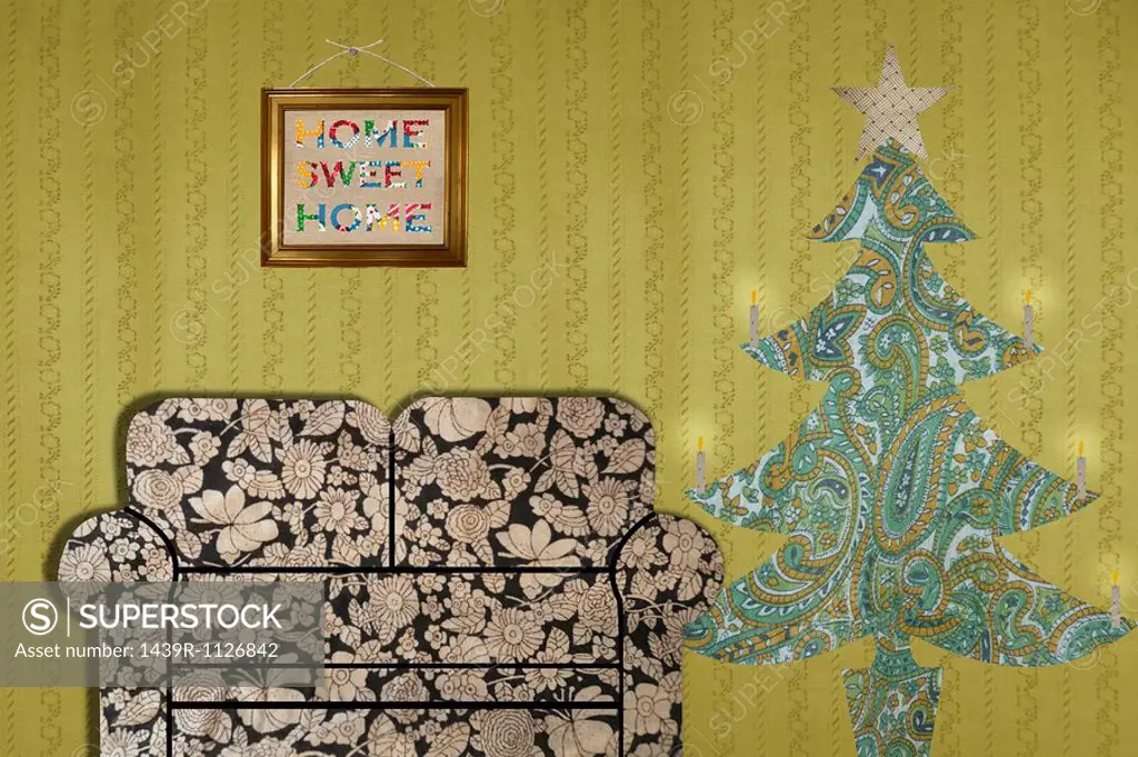 Living room with sofa and Christmas tree