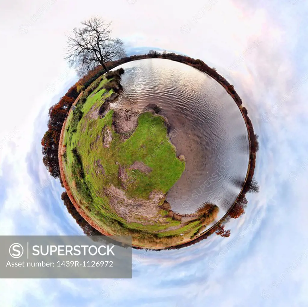 River and riverbank with little planet effect